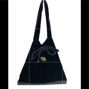DKNY Black Velour Drawstring Hobo Embellished Hobo Tote Bag